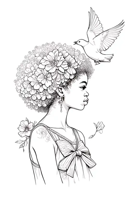 African America Girl Afro Bow In Hair Chest With Bird Flying Out And Flowers All Around This Design