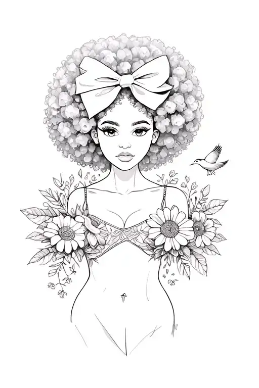 African America Girl Afro Bow In Hair Chest With Bird Flying Out And Flowers All Around This Design