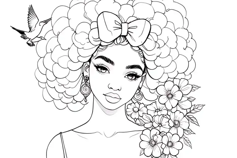 African America Girl Afro Bow In Hair Chest With Bird Flying Out And Flowers All Around This Design