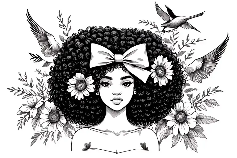 African America Girl Afro Bow In Hair Chest With Bird Flying Out And Flowers All Around This Design