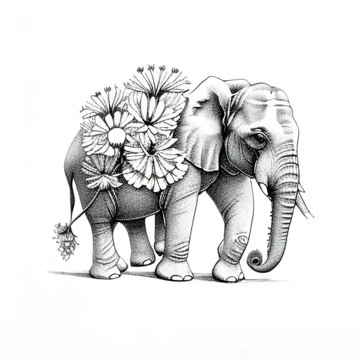 Mom And Baby Elephant With Carnations And Asters