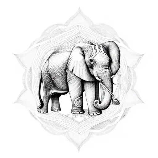 An Elephant And Lilies Intertwined In An Intricate Geometric Pattern