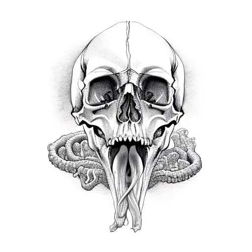 Semi Realistic Human Skull With Human Intestines Hanging Out Of Its Mouth