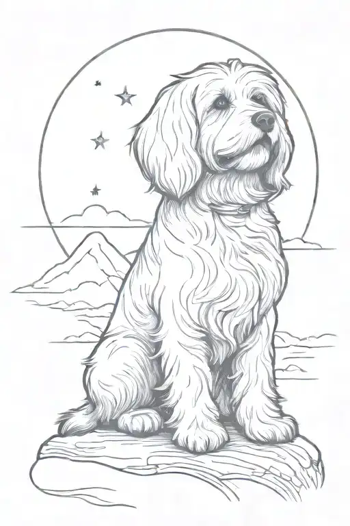 A Sketch Of A White Havanese Dog Sitting On A Moonlit Hill Overlooking The Night Sky