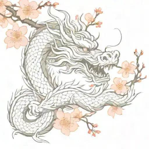 A Chinese Dragon Ready To Attack Surrounded By Cherry Blossoms