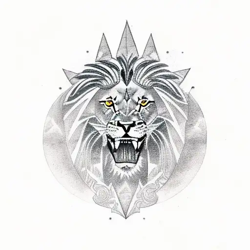 Tattoo Depicting A Majestic Lion With Egyptian And Greek Symbols Integrated Into Its Mane