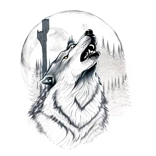 Wolf Howling To Moon In Forest With Mountain