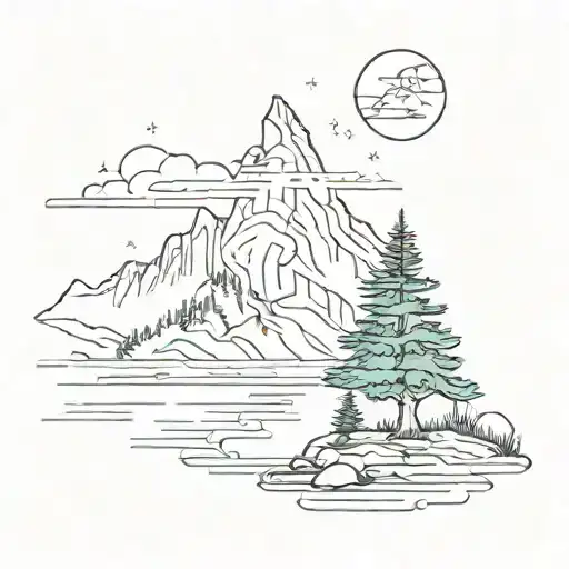 Mountain Tree With Lake And Shooting Star