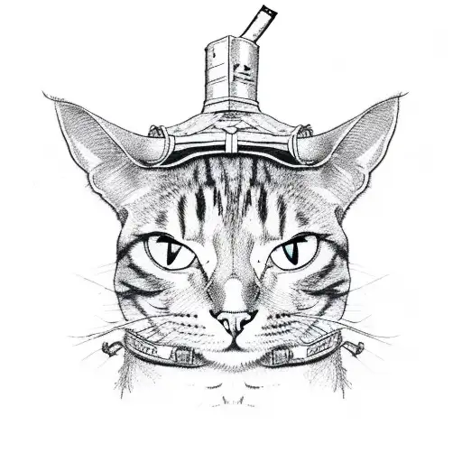 A Cat Whith Samurai Helmet Smoking A Camel Cigarette