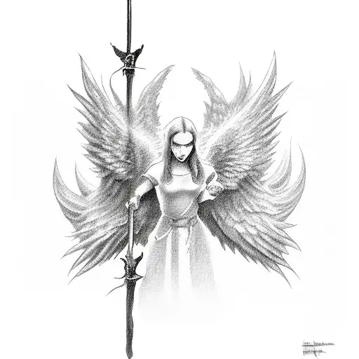 Angel And Devil Stick The Tip Of The Sword Into The Ground