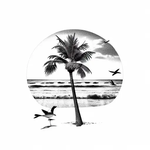 Tropical Sun Beach With Birds And Footprints