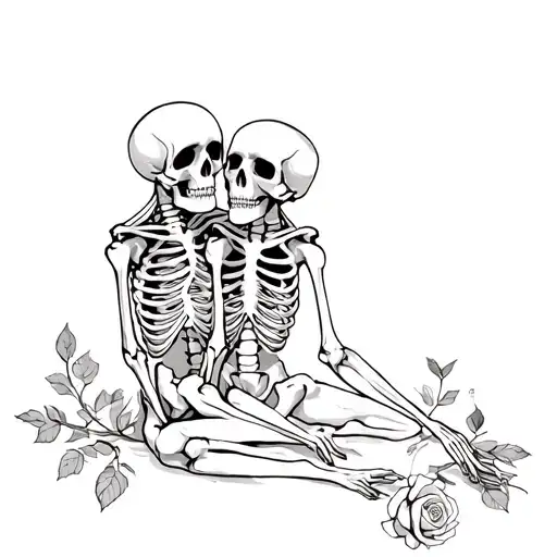 2 Skeletons Hugging Each Other While Connected To Vines Of A Rose At Their Feet