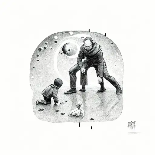 Father Crouching Over His Twin Protecting His Children From Meteor Shower