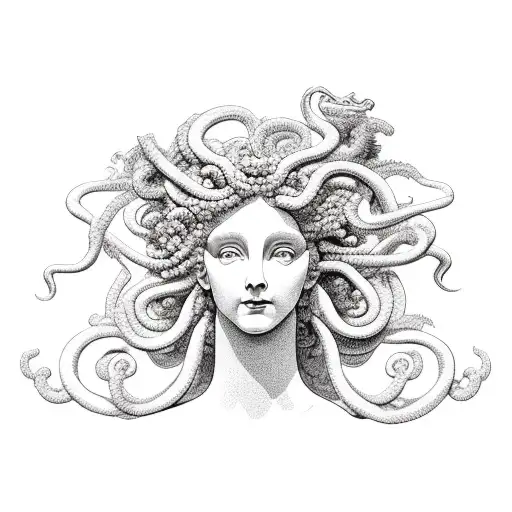 Goddess Medusa Posing In Profile With Stone Sculpture Effect