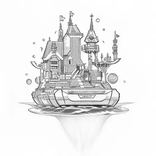 A Sketch-style Tattoo Of A Lego Car Drifting Through A Psychedelic Netherland Landscape