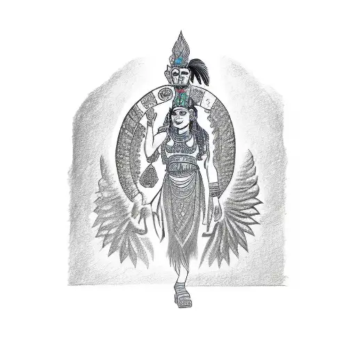 A Sketch-style Tattoo Of A Mayan Goddess Holding A Quetzal Bird In Her Hands