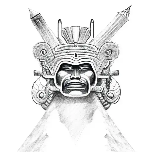 A Detailed Sketch Of A Mayan Warrior With A Volcano Erupting In The Background