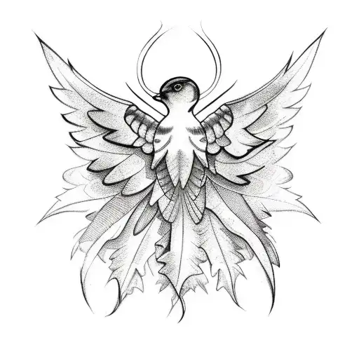 A Back Tattoo Of A Bird Wing With Leaves And Holly Surrounding It