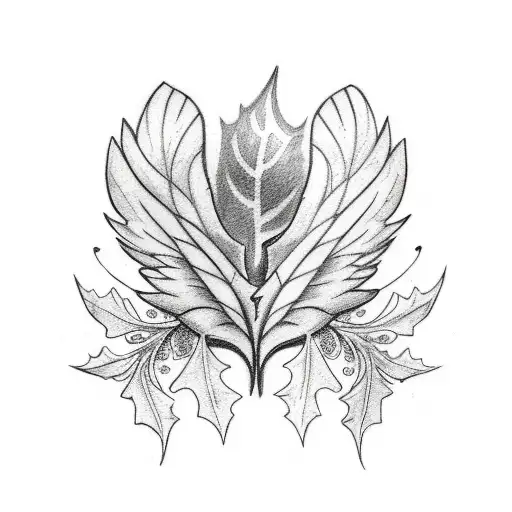 A Back Tattoo Of A Wing With Leaves And Holly Surrounding It
