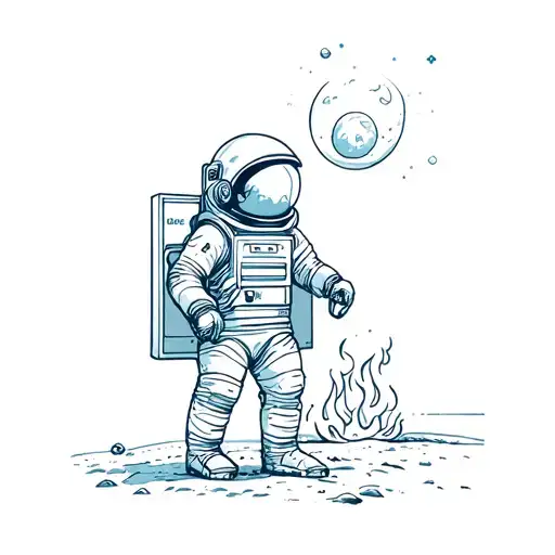 Astronaut On Moon Looking Through A File Cabinet With Fire On His Helmet And Under His Feet
