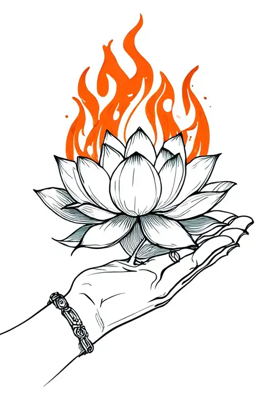 Lotus Flower In Hand With Fire