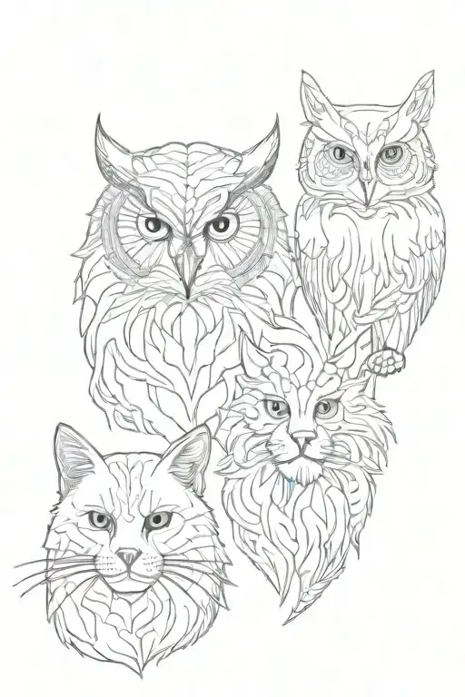 Owl And Lion And Two Cats