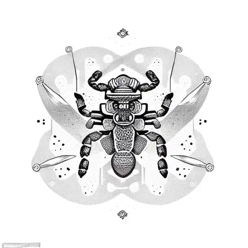 A Dotwork Scorpion Surrounded By Aztec Symbols And A Taxi Driver's Hat On Top