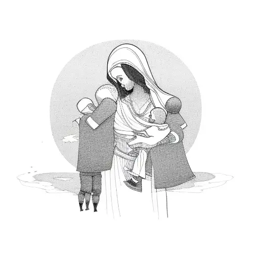 A Minimalist Design Of A Mother Embracing Her Husband And Children