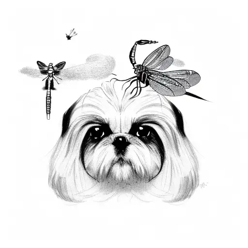 Black And White Shih Tzu With Dragonfly