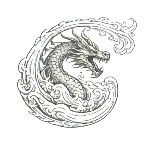 Mystical Dragon Emerging From Waves Flowing