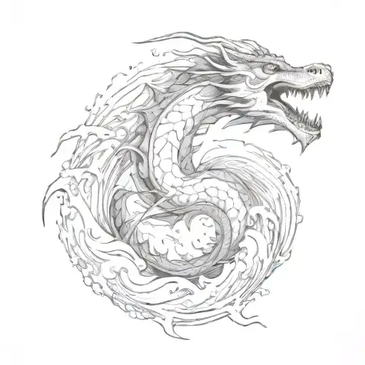 Mystical Dragon Emerging From Waves Flowing