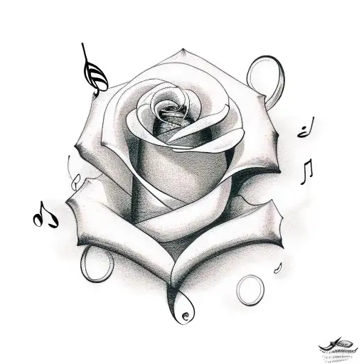 A Line Tattoo Of A Rose And Its Stem Intertwined With Musical Notes And Dotted Lines
