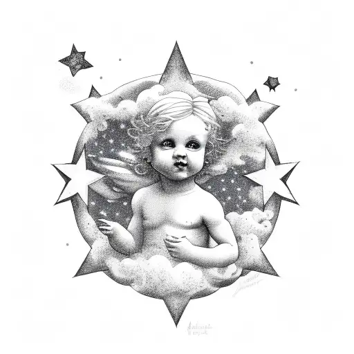 Cherub With Stars And Clouds