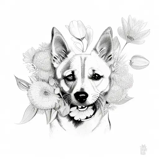 A Sketch-style Illustration Of A Dog Surrounded By Flowers