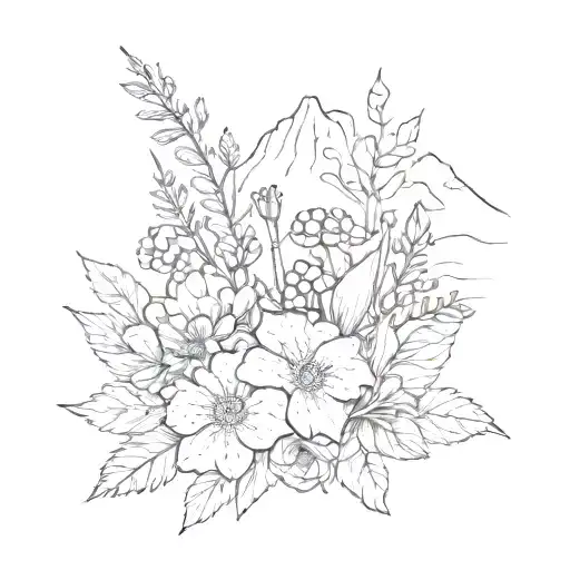A Delicate Bouquet Of Canadian Wildflowers With A Hidden Mountain Silhouette