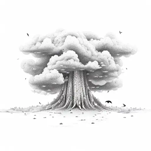 A Majestic Tree Surrounded By Clouds And Birds