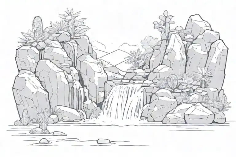 Waterfall With Rocks And Cacti