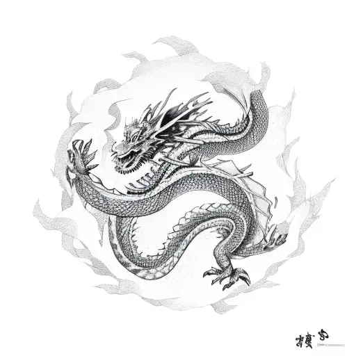 Japanese Dragon Flying With Leaves