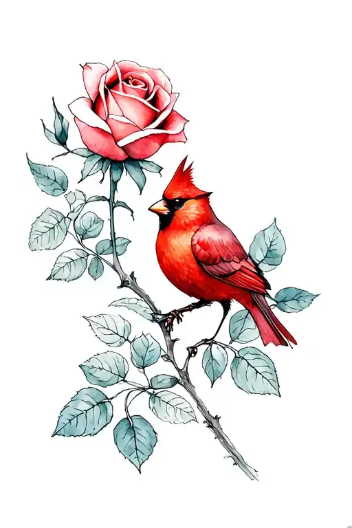 Rose And Cardinal Pair Watercolour