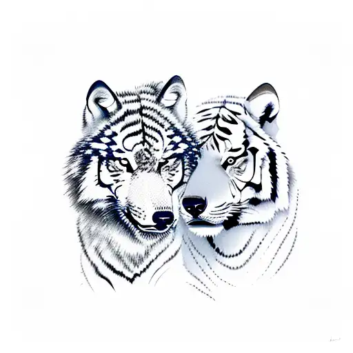 Wolf On Left Tiger On Right Head Bumping