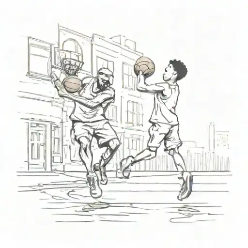 A Sketch Of A Father Playing Basketball With His Child On A City Street