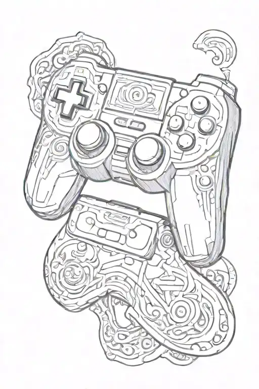 A Sketch Of A Video Game Controller Carved Out Of Wood With Norse Tribal Designs