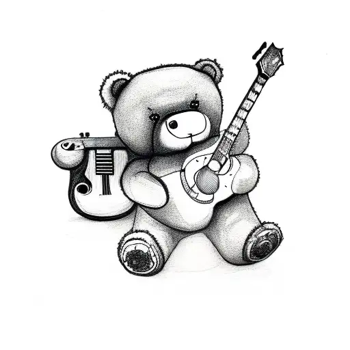 Outline Style Cool And Cute Teddy Bear Playing Guitar