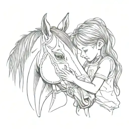 Little Girl Hugging A Horse Head