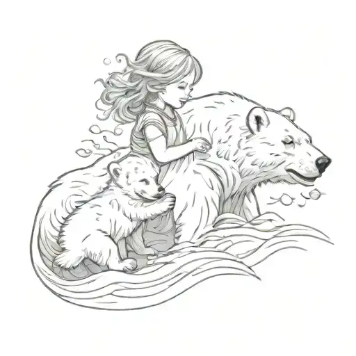 Little Girl With Flowers In Her Hair Playing With Polar Bear Cub And Waves Around Them