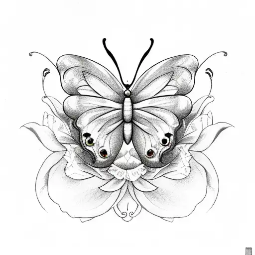 Butterfly With Half Wing Half Roses And Lily Flowers With Halo Above With Hearts