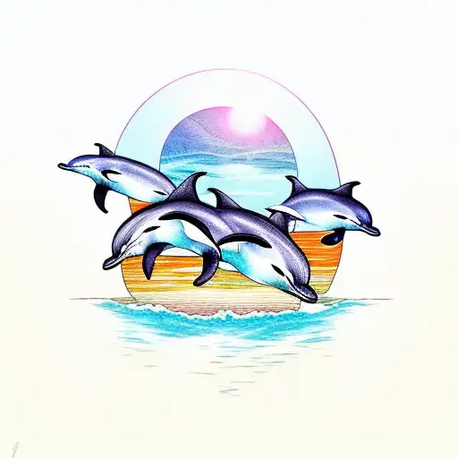 3 Dolphins Jumping With Sunset In Background In Color