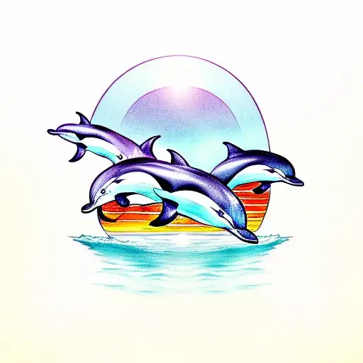 Three Dolphins Jumping With Sunset In Background In Color