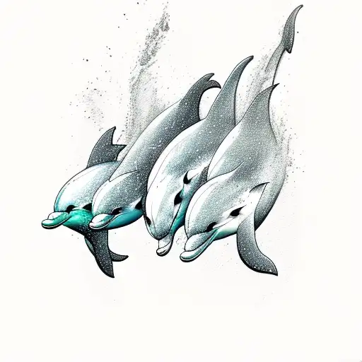 Three Dolphins Jumping With Sunset In Background In Color