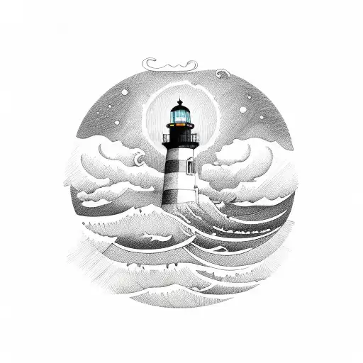 Light House With Moon And Waves Thick Lines